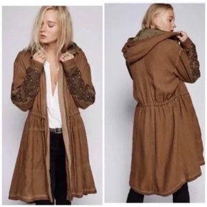 Free People L Rachel's Embellished Parka Hooded Linen Maxi Duster jacket long